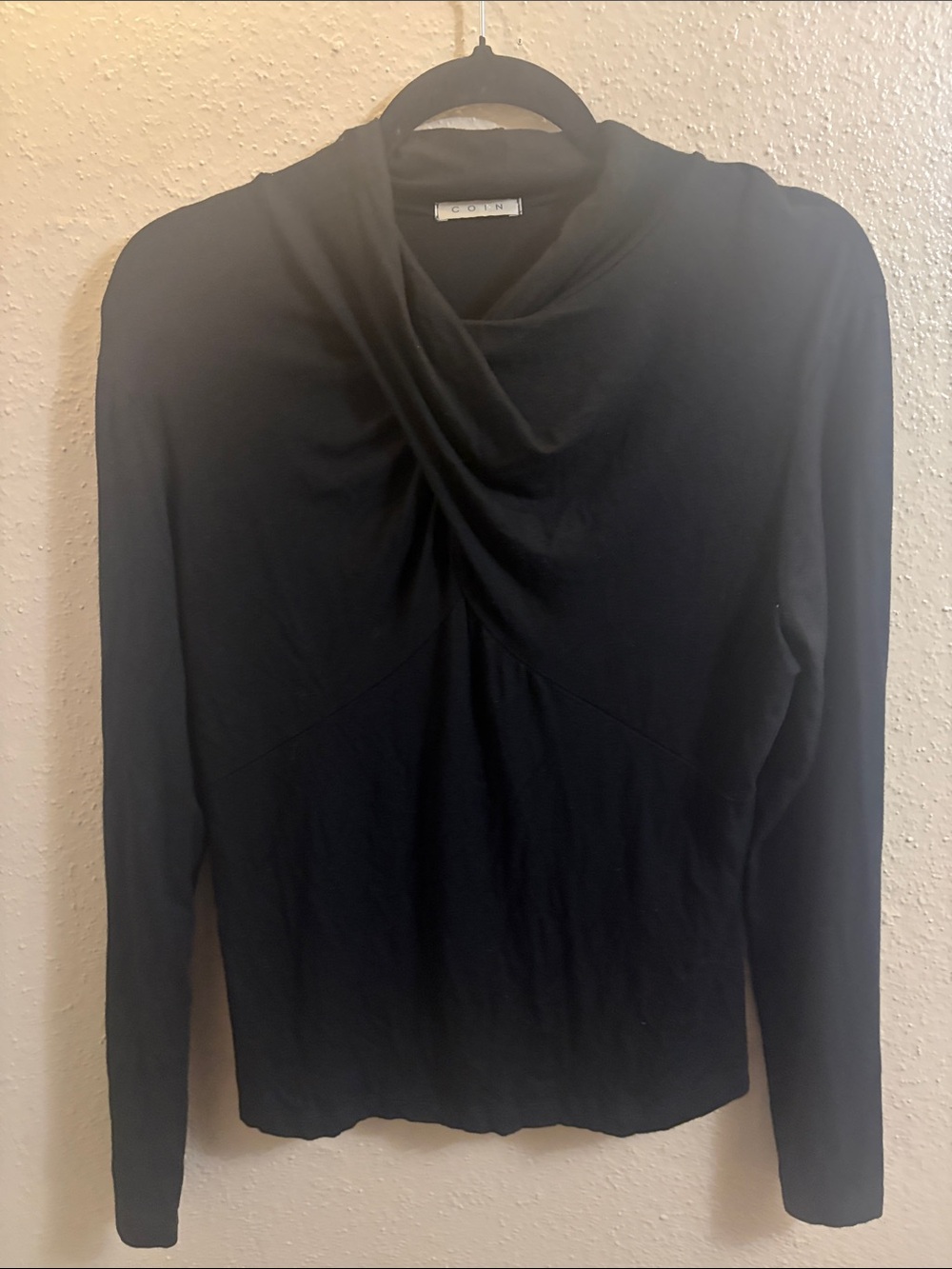 COIN Black Draped Neck Long-Sleeve Top